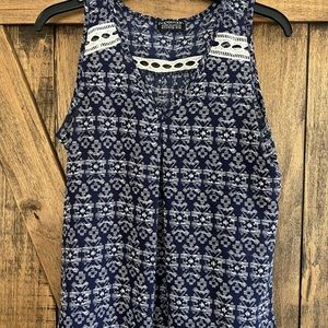 Sleeveless V-Neck Dark Blue & White Pattern Top with Eyelet Appliqué